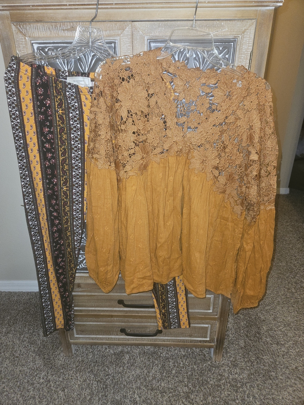 No Comment Paris Printed Boho Top in Mustard and Black With Matching Leggings